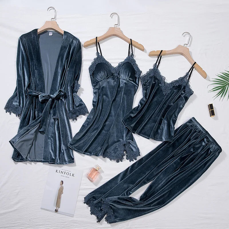 2025 New Gold Velvet Lace Sleepwear Women's Long Sleeve Home Clothes Set with Chest Pad Strap Four Piece Suite Winter Season
