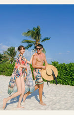 Print High Waist High Neck Swimsuit 3 Pcs Bikini Set Women Men's Swim Shorts Summer Surfing Suit Couples Bathing Suit Holiday