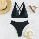 Solid Color Black Swimsuit for Women 2026 Summer High Waist 2-piece Bikini Set Beach Bathing Suit Bandage Vacation Swimwear