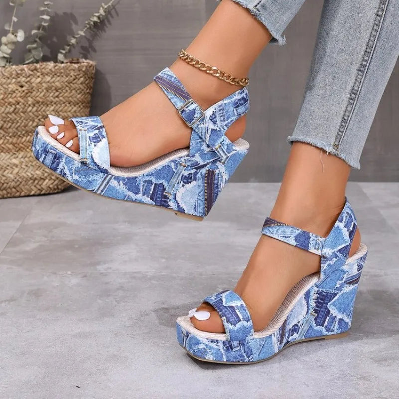 2026 New Women's Wedge Sandals Fashion Floral Printed Canvas ShoesCasual Sandals