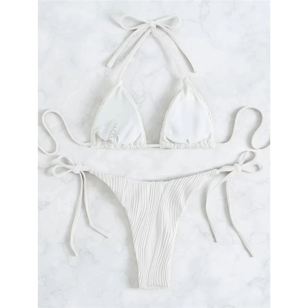 Sexy Wrinkled Halter Brazilian Bikini Female Swimsuit Women Swimwear Two-Pieces Bikini Set Bather Bathing Suit Swim Lady V4101