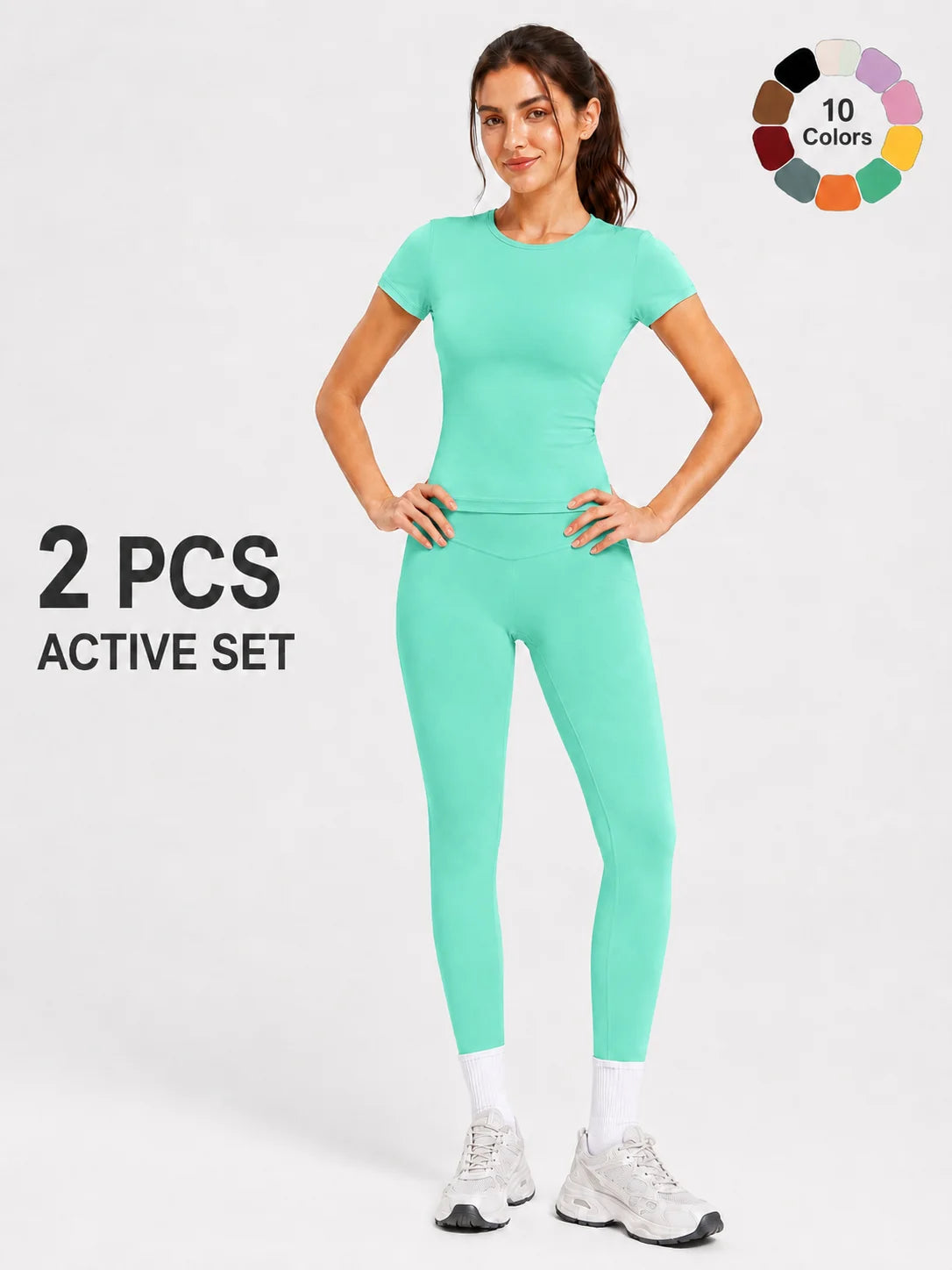 Ladies Sportswear Set (Short Sleeve Top + Long Pants) Fitness Gym Workout Clothing Running Yoga Ensemble