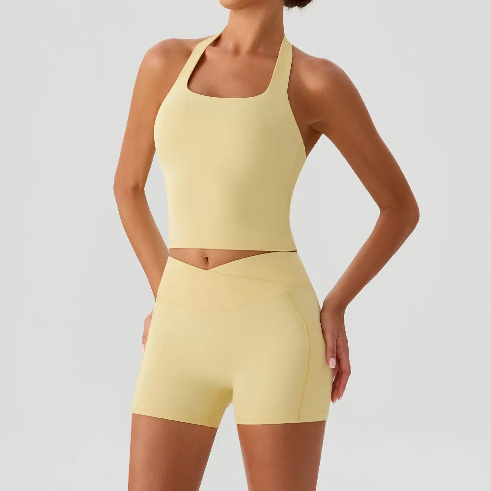 Yoga Shorts Sets Women Hanging Neck Hollow Back Sports T Shirts Sportsuit Gym High Waist Pocket Pants Fitness Workout Clothes