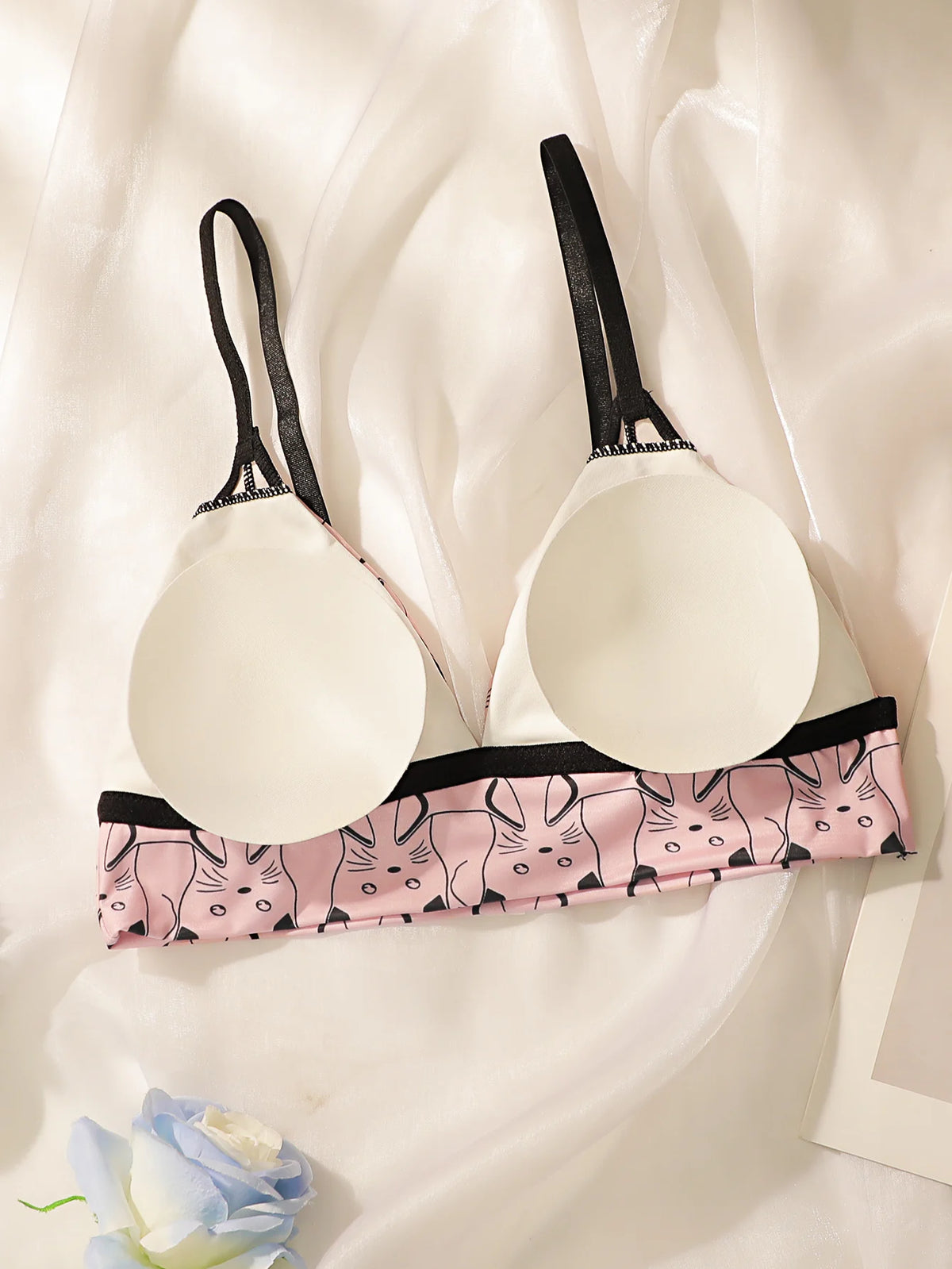 Kawaii Cat Print Triangle Bralette Women Wireless Thin Cup Bra Cute Pink Soft Breathable Daily Lingerie For Teen Girls MR2844