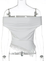 FDYOUI Woman Clothing Slash Neck T-shirts 2026 Summer Sleeveless Lace Patchwork White T Shirt Y2K Girls Irregular Corset Tee Top