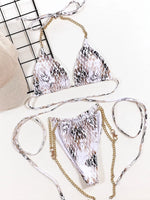 2026 Sexy Bikini Women Snakeskin Print Cross Bandage Halter Chain Strap Swimwear Swimsuit Female Beach Bikinis Set Bathing Suit