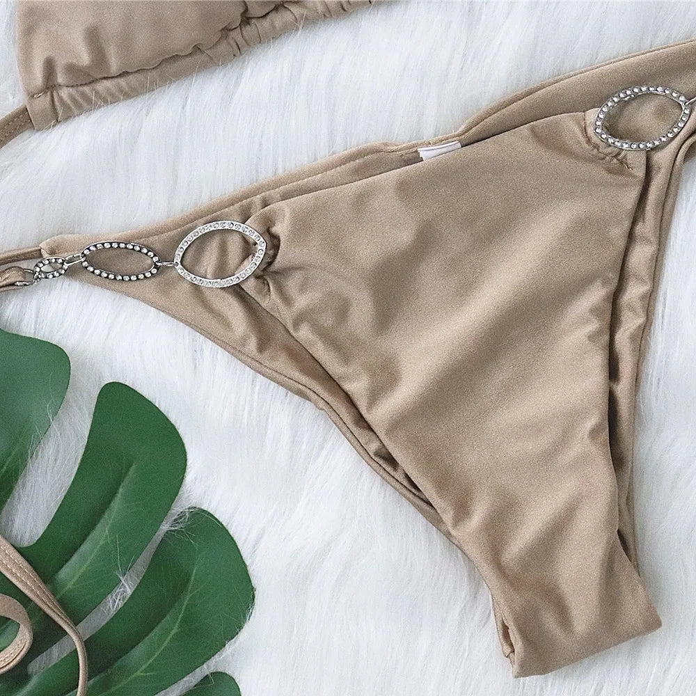 Sexy Rhinestone Bikini 2026 Women Solid Purple Metal Chain Swimsuit Brazilian Summer Beach Bathing Suit Luxury Thong Swimwear