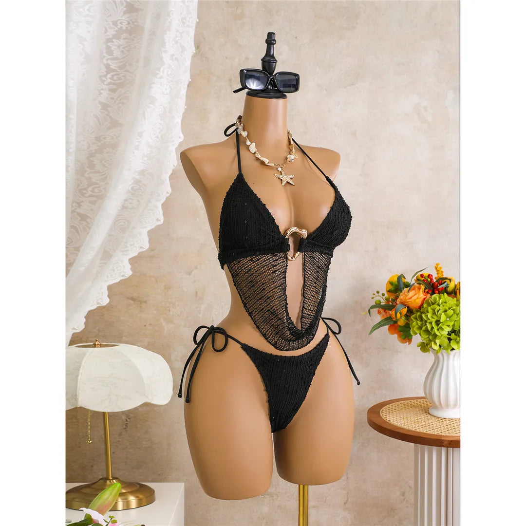 New Hollow Out Tankini Halter Bikini Female Swimsuit Women Swimwear Strappy Bather Bathing Suit Swim Two-pieces Bikini set K8076