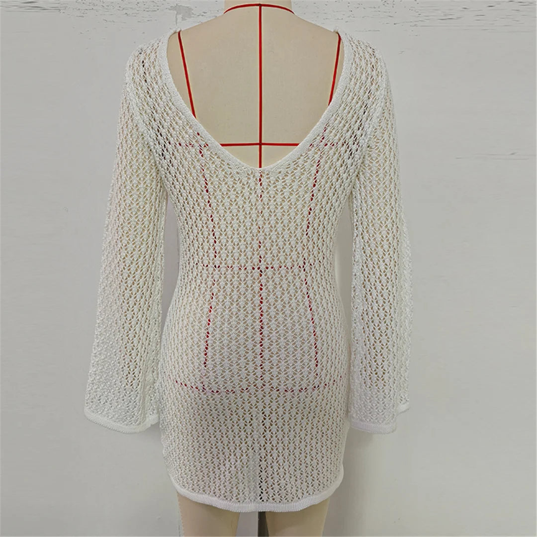 V Neck Long Sleeve Hollow Out Crochet Knitted Tunic Beach Cover Up Cover-ups Beach Dress Beach Wear Beachwear Female Women V7643