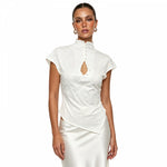 Women's Cheongsam Tops Mock Neck Short Sleeve Lace PatchworkBlouse Chinese Style Keyhole Summer Shirts