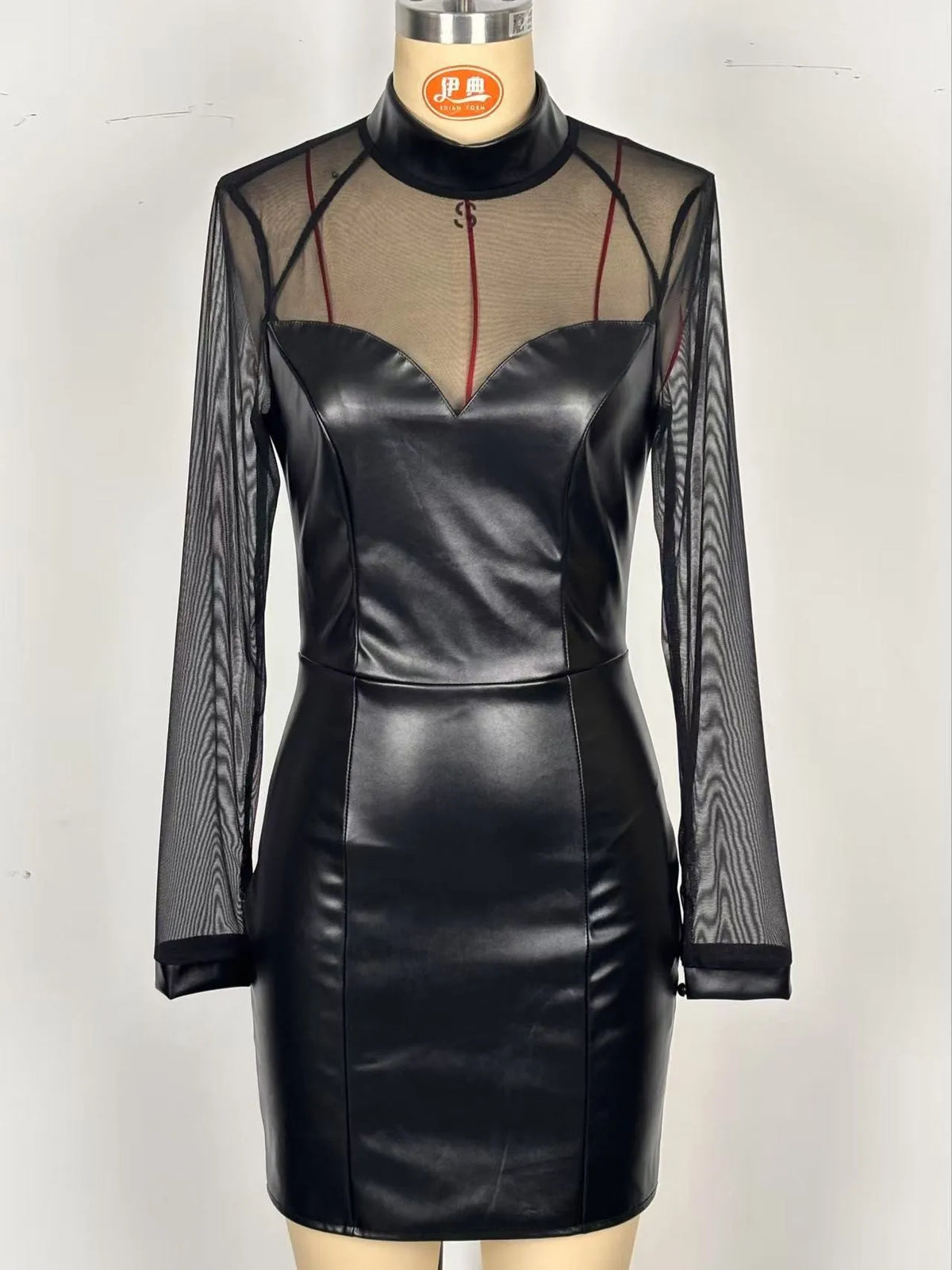 Summer Women's Slim Mini Dresses Sexy Hot Girl See Through Mesh Patchwork Leather Package Hip Short Dress Lady Club Vestidos