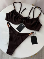 New Fashion Women Sexy Underwire Padded Swimsuit Bead Decor Lace-up Backless Micro Bikini Beachwear Push Up Low Waist Swimwear