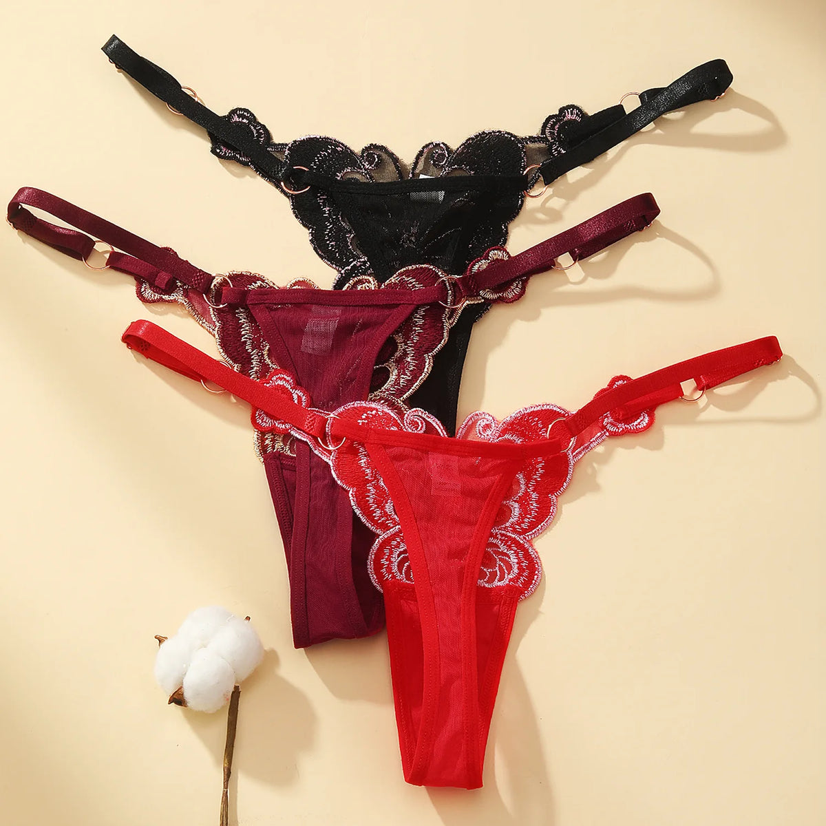 Butterfly Lace Thong for Women Low Waist G-String Transparent Mesh Panties Sexy Embroidered Briefs Adjustable Waist Culotte Femm