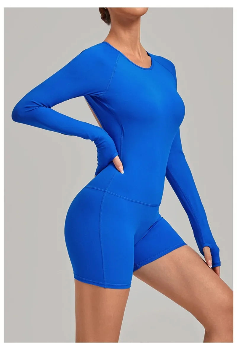 Women's Yoga Jumpsuits Sports Fitness Hip-lifting Long-sleeved Backless Running Training Workout Gym Shorts One-piece Bodysuits