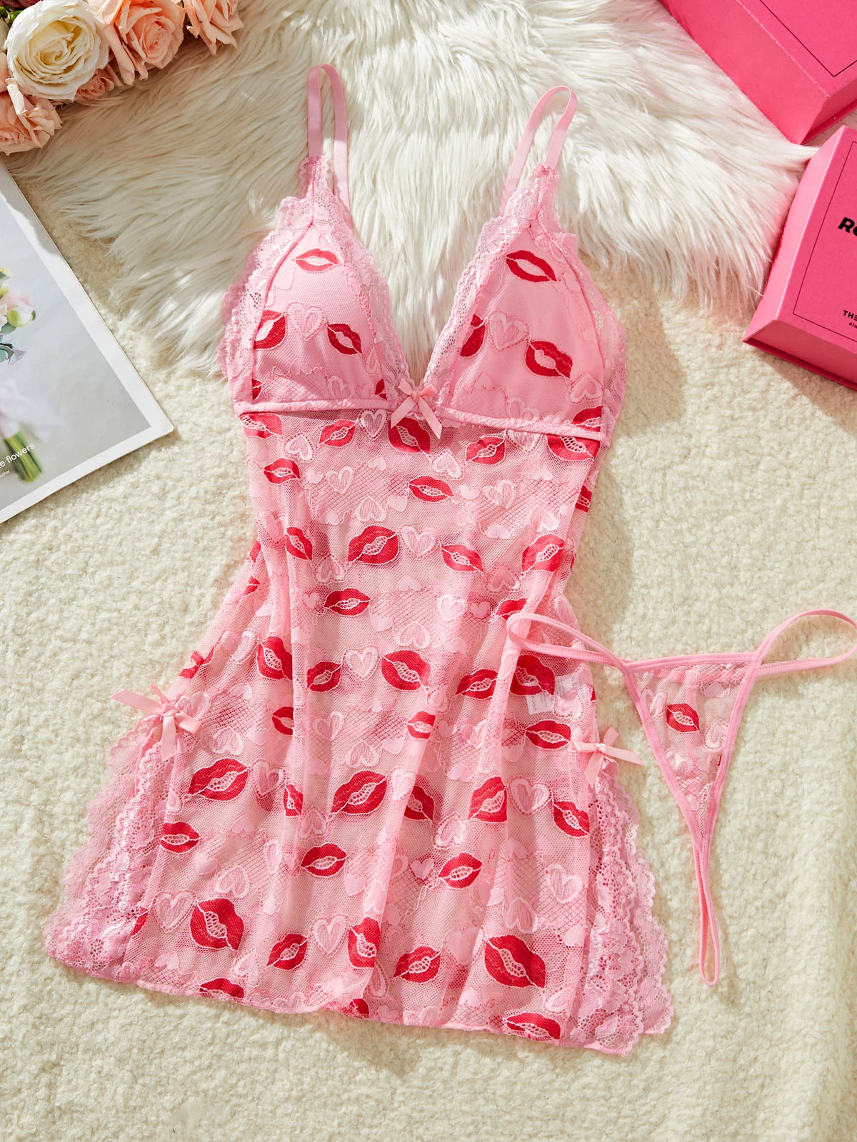 Ultra Sexy Short Pink Lips Crotchless Erotic Dress Female Transparent Babydolls Porn Exotic Night Sex Doll Lingerie With Thongs
