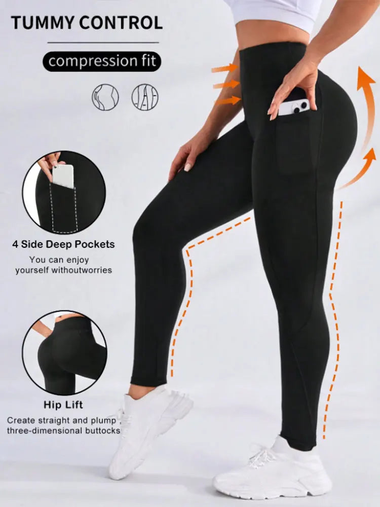 Women's High-Waisted Yoga Pants with Pockets, Butt-Lifting Tummy-Control Workout Running Leggings,Plus Size Clothes,Pants|Capris
