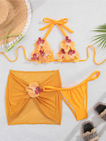 3D Flowers With Skirt Bikini Female Swimsuit Women Swimwear Halter Padded Bather Bathing Suit Swim Three-pieces Bikini set K8102