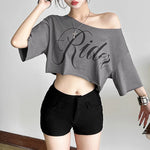Letter Print Oversized Tees Women Skew Collar Off Shoulders Short Sleeves T-shirt Irregular Hem Hip-hop Style Trend Crop Tops