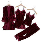 2025 New Gold Velvet Lace Sleepwear Women's Long Sleeve Home Clothes Set with Chest Pad Strap Four Piece Suite Winter Season