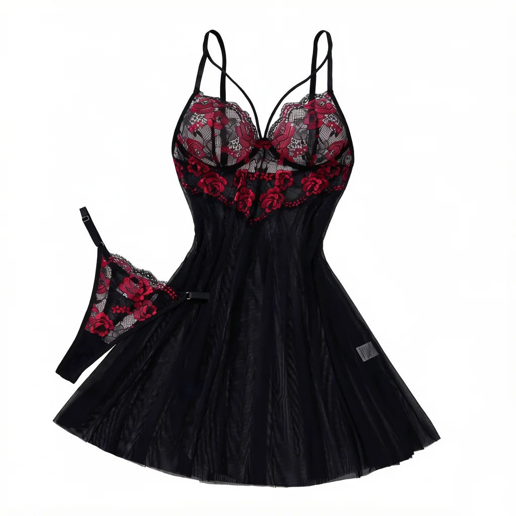Black Red Rose Floral Embroidery Mesh Babydoll Lingerie Set Underwire Nightgown With Matching Thong Women Sleepwear ZA825127