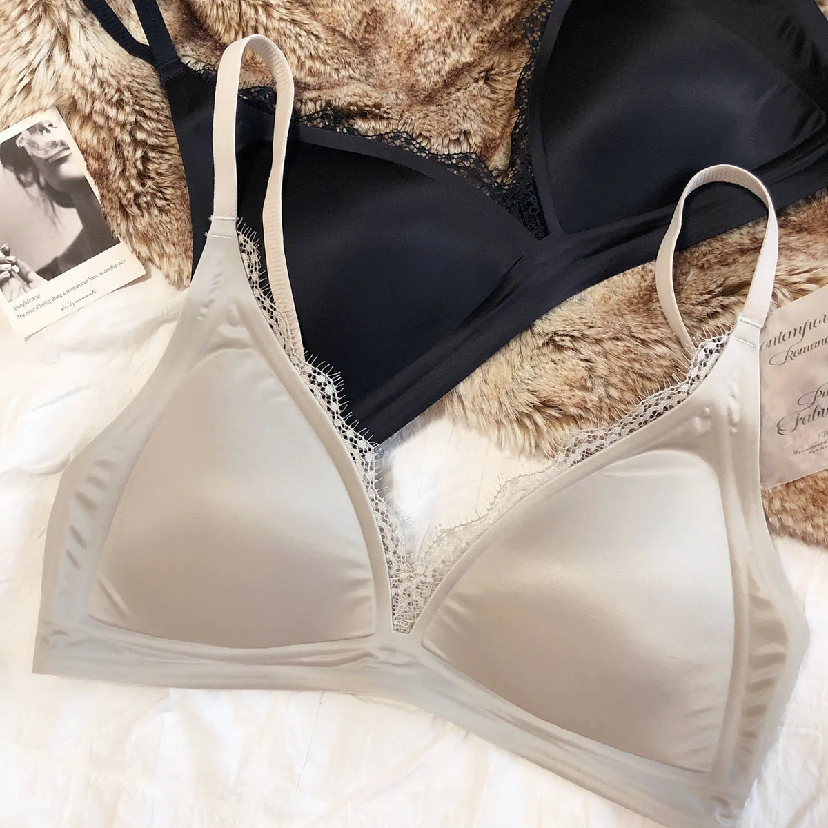 French Sexy Seamless Lingerie Women Silk Satin Lace Bra Deep V Triangular Cup Push Up Bras Adjustable Strap Comfort Underwear