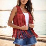Women Tassel Fringe Vest Sleeveless Solid Waistcoat V Neck Open Front Cardigan Vintage Hippie Clothes Cowboy Cosplay Jacket