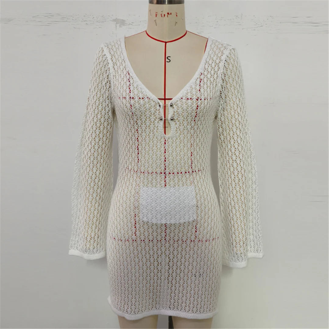 V Neck Long Sleeve Hollow Out Crochet Knitted Tunic Beach Cover Up Cover-ups Beach Dress Beach Wear Beachwear Female Women V7643