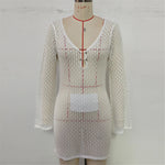 V Neck Long Sleeve Hollow Out Crochet Knitted Tunic Beach Cover Up Cover-ups Beach Dress Beach Wear Beachwear Female Women V7643
