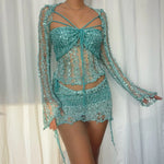 Glitter Sequins Knitted Skirt Sets Women Fashion Hollow Sequins Bandage Tube Top Mini Skirts 3 Piece Outfit Vacation Clothing