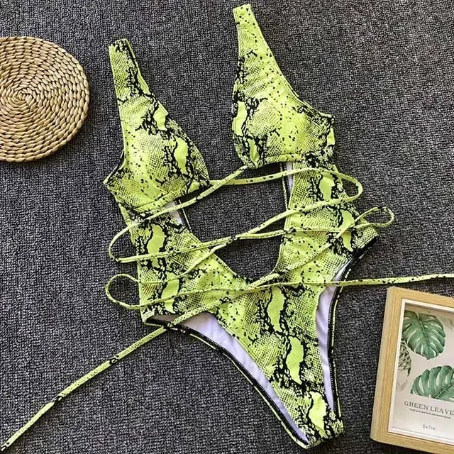 Leopard Deep V Neck Wrap Around High Cut Women Swimwear One Piece Swimsuit Female Monikini Tummy Cut Out Bathing Suit Swim Lady