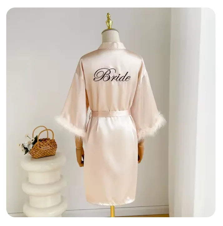 Fashion Satin Robe Female Bathrobe Sexy Lingerie Silk Kimono Bride Dressing Gown Women Sleepwear Furry 3/4 Sleeve Gown Bathrobe