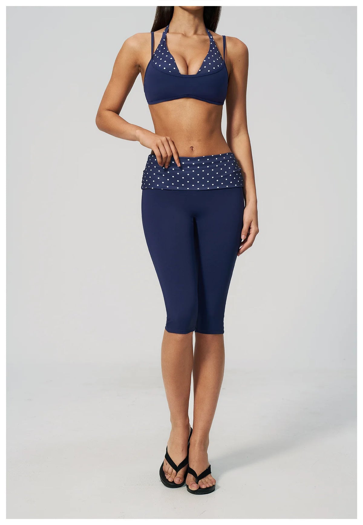 Summer Polka Dot Yoga Sets Women Hanging Neck Shockproof Sports Bra Fitness Suit Folding High Waist Mid Pants Gym Tracksuit