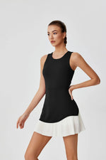 Women One-piece Tennis Dress Summer Black Contrast Pleated Anti Light Speed Dry Sports Dresses Hollowed Out Back Yoga Clothes