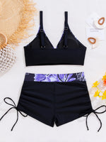 Women's Two-Piece Swimsuit Cross Strap Backless Bikini Floral Print Sports Fit Bodycon Polyester Fabric Swimming Water Sport