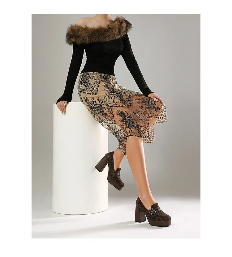 Square Toe Platform Double-Layer Buckle Shallow Sleeve Office Pumps Ultra-High Thick Heel Breathable High Heels