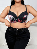 Anti-sag Push Up Bra Plus Size Black Base Red Floral Print Lace Side Gather Lift Up Large Brassiere Flower Pattern Underwear
