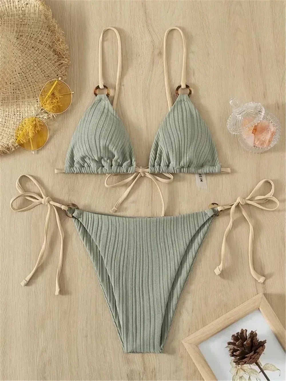 Light Blue Ribbed Swimwear String Bikinis Sets Woman 2026 Sexy Swimsuit Ring Bathing Suit Brazilian Micro Bikini Thong Donna
