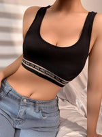 Women Ribbed Y Back Sports Bra Letter Print Band Padded Tank Top Breathable Yoga Crop Top Daily Wear Bralette MR2694