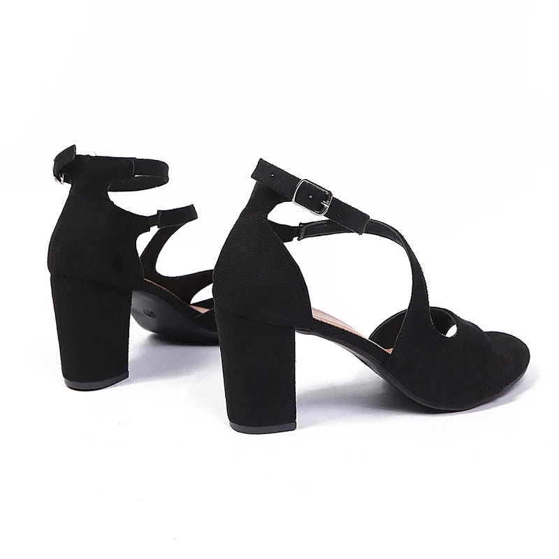 Elegant Ankle Buckle High Heel Sandals Women Black Flock Open Toe Block Heels Rome Sandals Woman Plus Size Bag Heel Party Shoes
