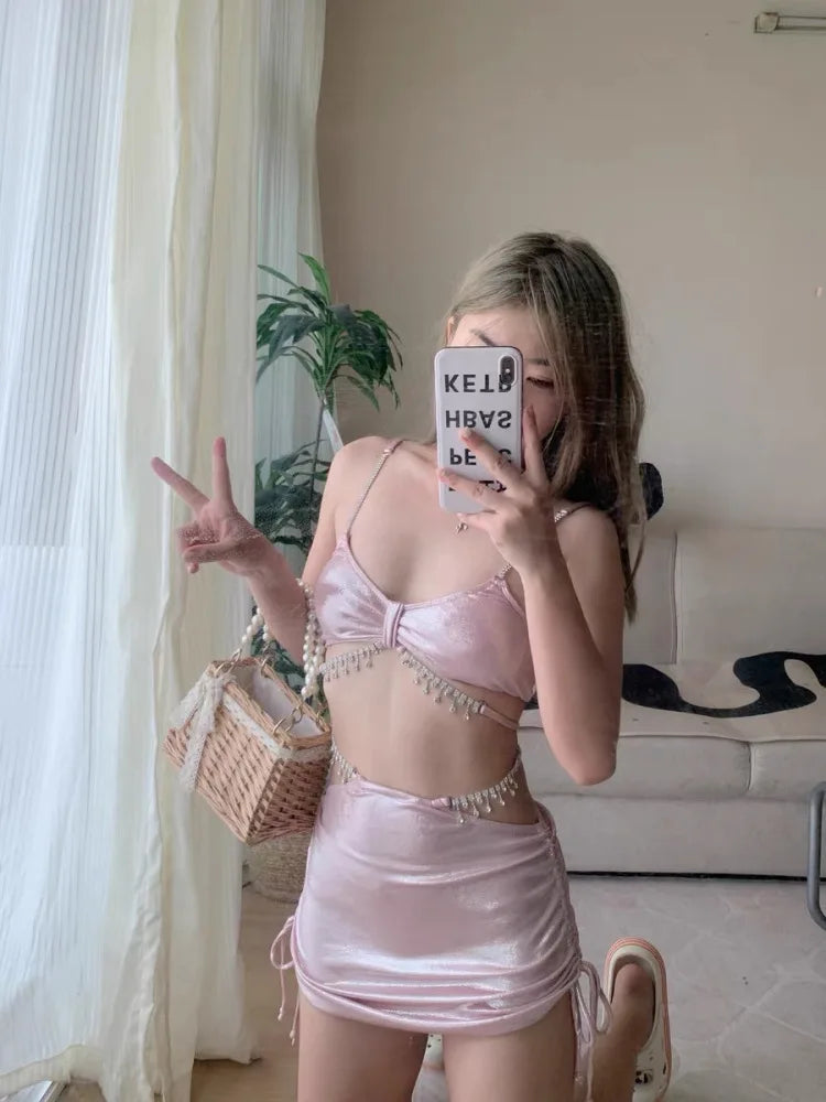 Korean Style Summer Three Pieces Bikinis with Skirt Swimsuit Chain Swimwear Female 2024 Swimming Bathing Suit Pink Beach Wear