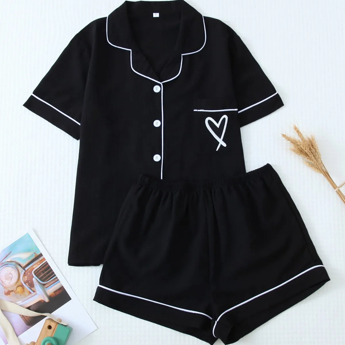 Women's Pajama Pocket Love Printed Pajamas Short Sleeve Top with Shorts Pajama Set Loungewear Pijama Pajamas for Women
