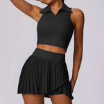 Outdoor Breathable Golf Wear Tennis Sport Sets Women Turn Down Collar Sleeveless Top Short 2 in 1 Skirt Running Fitness Set
