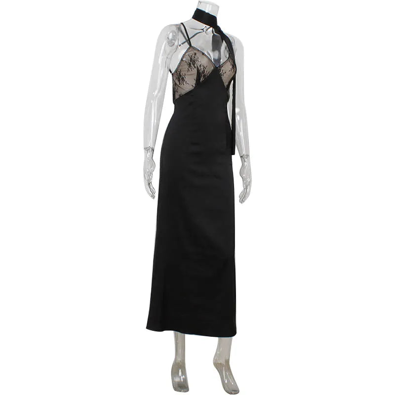 Ahagaga Sexy Lace Women's Party Long Dresses Slim V-neck Solid Blackless Mesh Sleeveless Camisole Sheath Regular Vestidos Robes