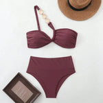 Sexy Metal Chain One Shoulder Bikini Set Women Solid Pleate Push Up Bra High Waist Swimsuit 2026 Bathing Suit Holiday Swimwear
