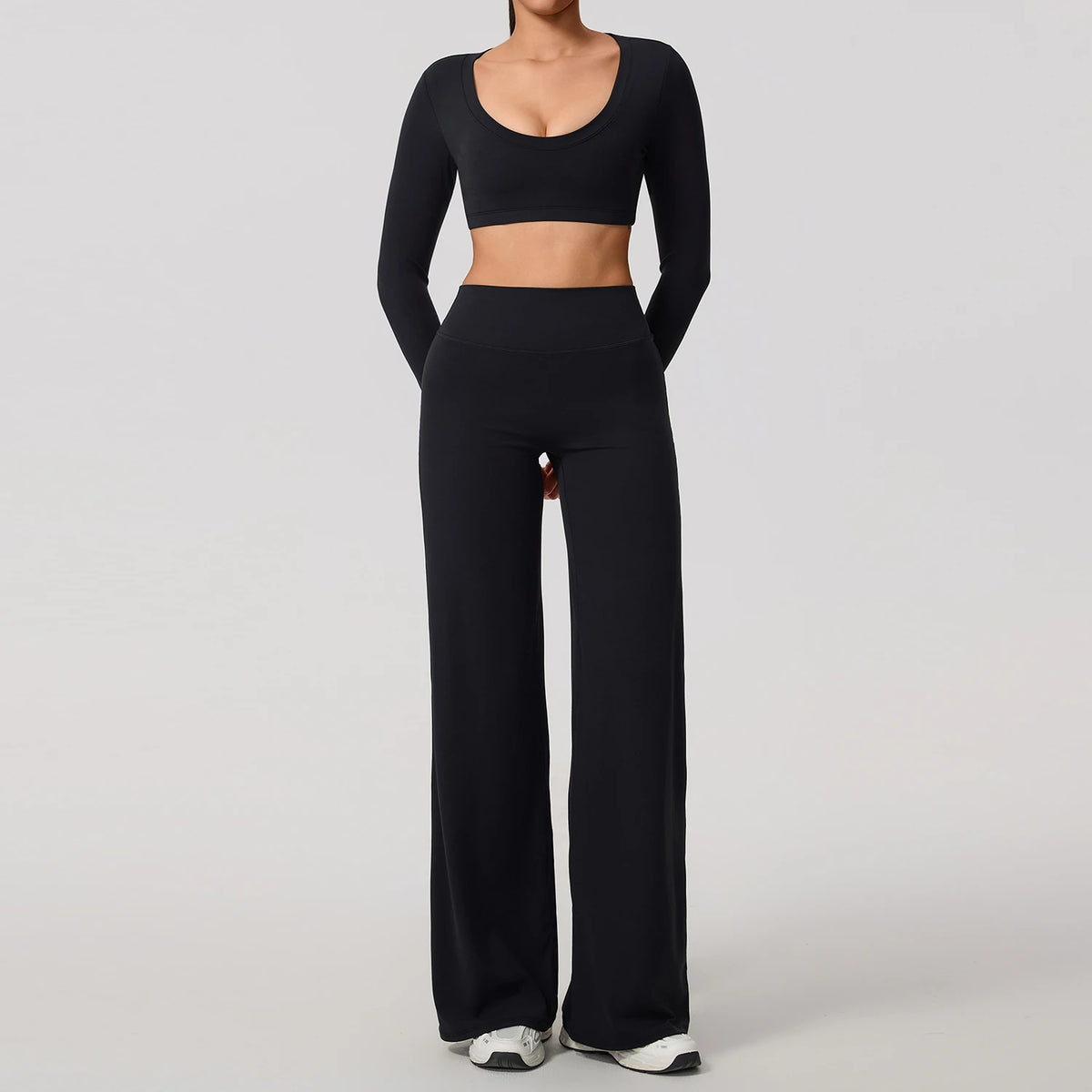 Hearuisavy Sports Set 2Pcs Women'sLong Sleeve Backless Fitted Fitness Top Push Up Pilates Yoga Top Wide Leg Straight Leg Pants