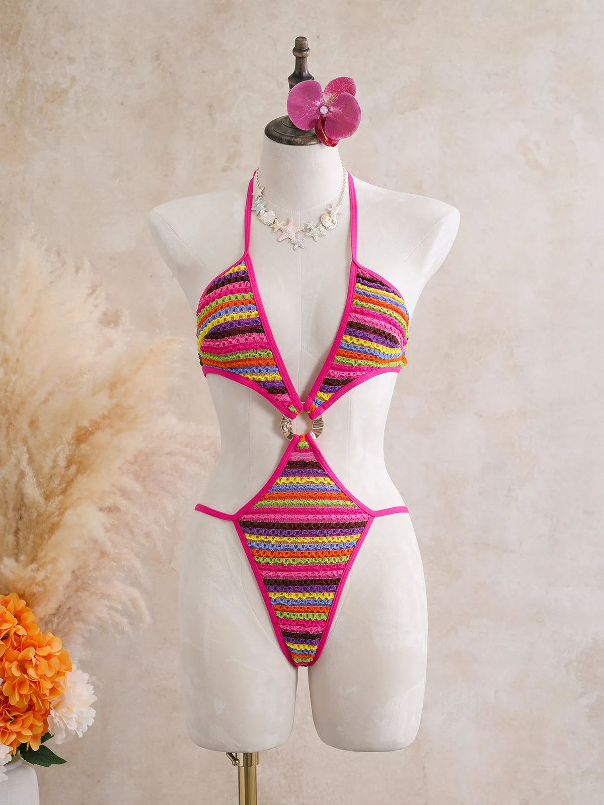 Sexy Black Stripe Knitted One Piece Swimwear Skirts Sets 2026 Women Metal Circle Hollow Out Backless Bathing Suit Thong Swimsuit