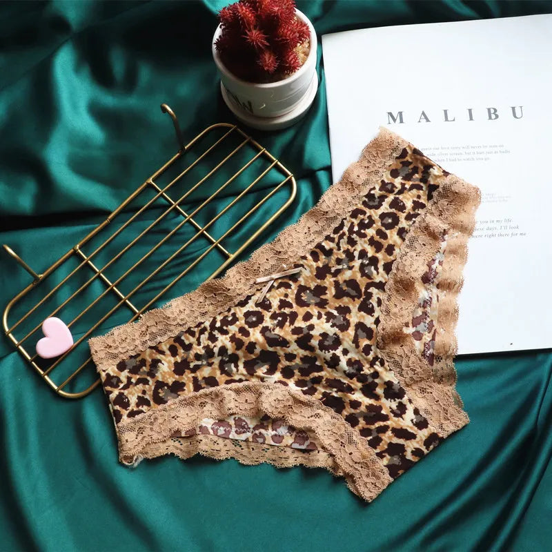 Women's Sexy Leopard Print Lace Panties with Elastic Waistband Seamless Underpants Cotton Crotch T-Pants Thong Briefs