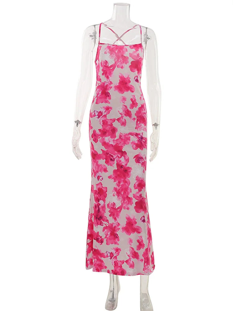 Ahagaga Fashion Women's Maxi Dresses 2026 Summer New Sexy Backless Print Dress Strap Sleeveless Party Beach Bodycon Elegant Cute