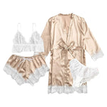 4pcs Women Striped Lingerie Set Lace Trim Robe Camisole Shorts Panties Nightwear Sleepwear Homewear Sexy Pajamas Outfit
