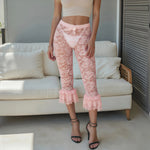 Women Summer Lace Ruffle Capri Leggings Solid Color Sheer Mesh Elastic High Waist See Through Pants